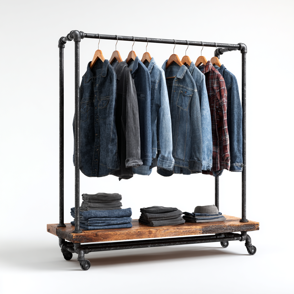 Heavy Duty Industrial Pipe Clothing Rack with Wood Shelf