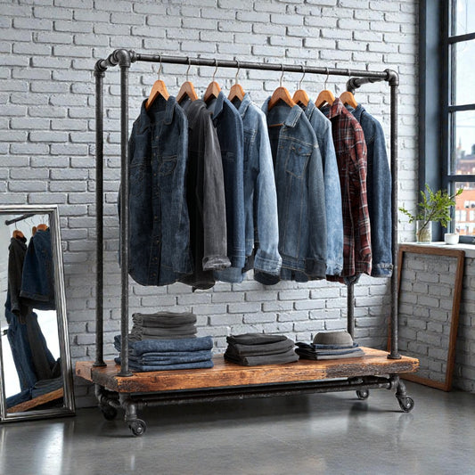 Heavy Duty Industrial Pipe Clothing Rack with Wood Shelf