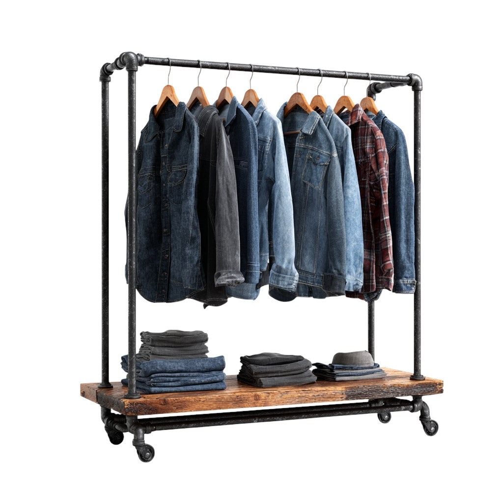 Heavy Duty Industrial Pipe Clothing Rack with Wood Shelf
